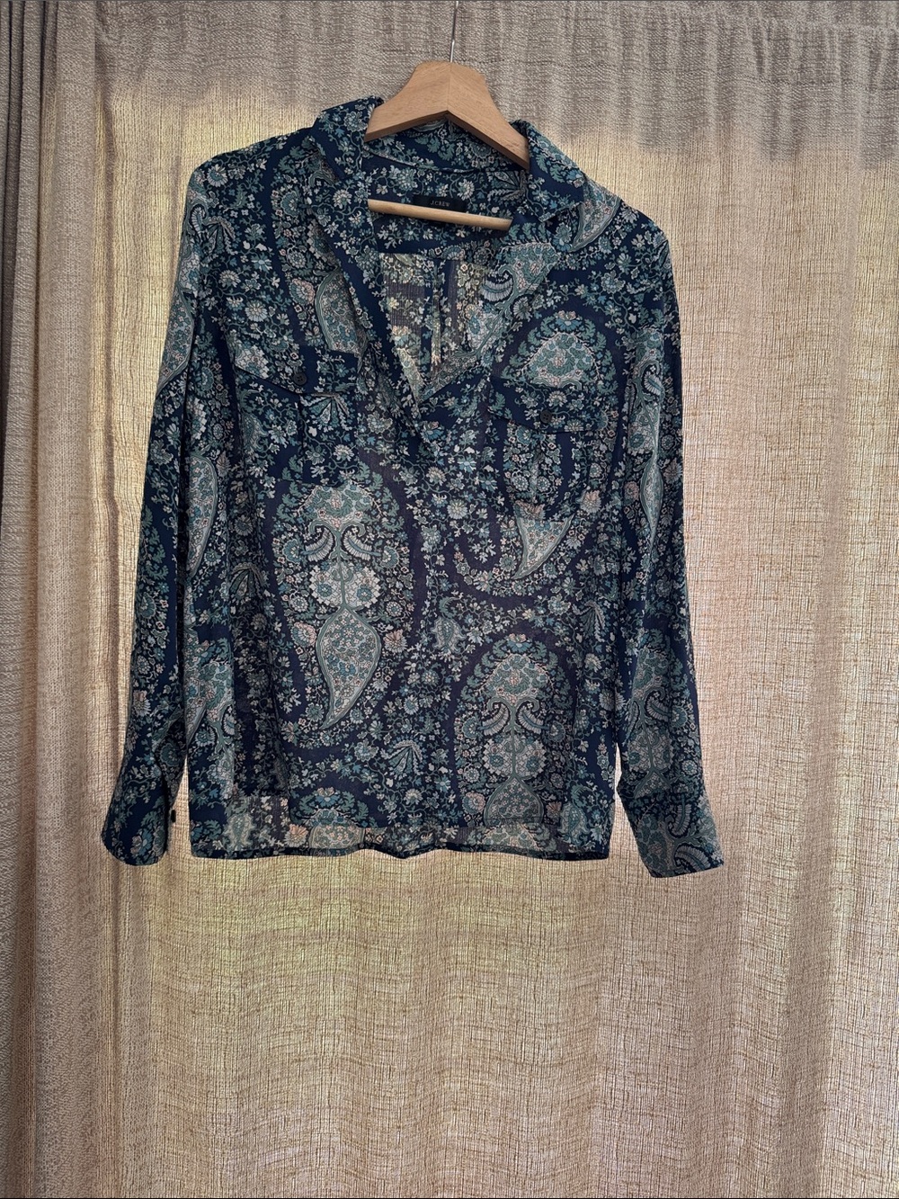 J. Crew Navy Paisley V-Neck Long-Sleeve Blouse
